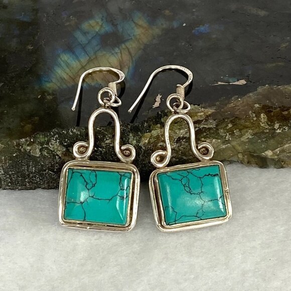 Sterling Silver 925 1.64" Rectangular Bezel Set Faux Turquoise Dangle Earrings - Picture 3 of 16